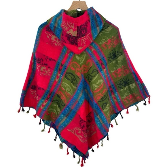 Siddhartha Women's Colorful Pullover Hooded Knit Poncho - Red Blue - One Size - Picture 3 of 5